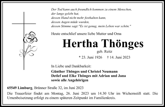 Traueranzeige von Hertha Thönges von Mittelhessen-Bote