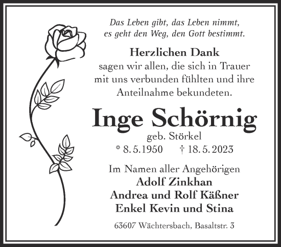 Traueranzeige von Inge Schörnig von Gelnhäuser Neue Zeitung