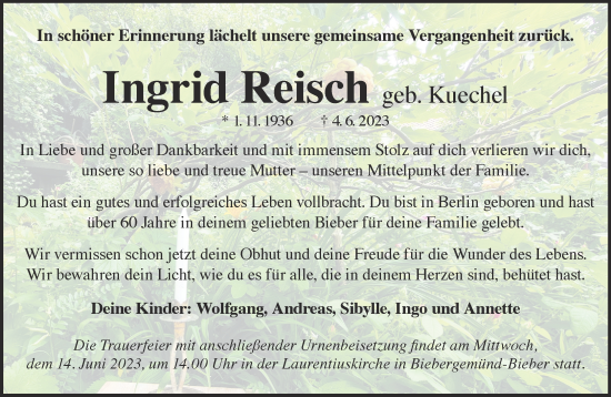 Traueranzeige von Ingrid Reisch von Gelnhäuser Neue Zeitung