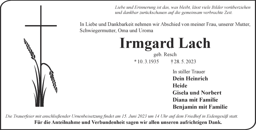  Traueranzeige für Irmgard Lach vom 10.06.2023 aus Gelnhäuser Neue Zeitung