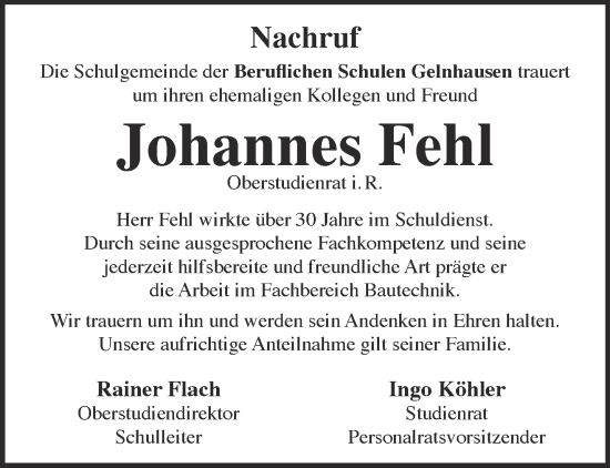 Traueranzeige von Johannes Fehl von Mittelhessen-Bote