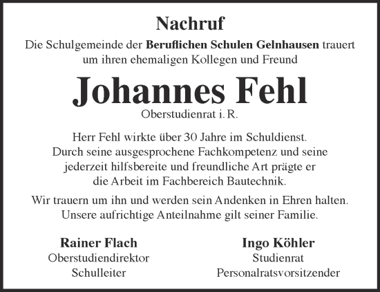 Traueranzeige von Johannes Fehl von Gelnhäuser Neue Zeitung