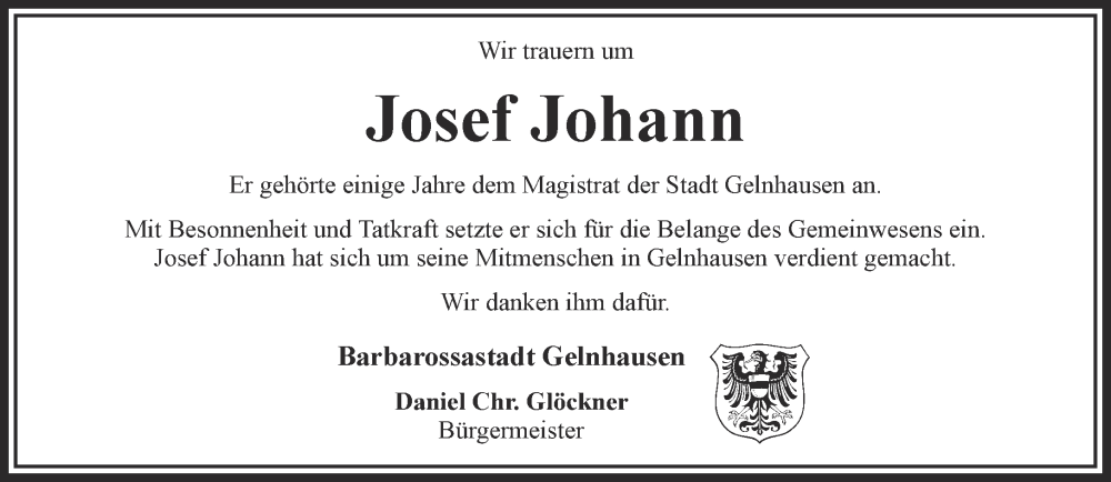  Traueranzeige für Josef Johann vom 03.06.2023 aus Mittelhessen-Bote