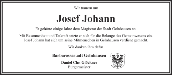 Traueranzeige von Josef Johann von Gelnhäuser Neue Zeitung