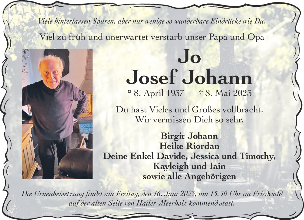  Traueranzeige für Josef Johann vom 10.06.2023 aus Gelnhäuser Neue Zeitung
