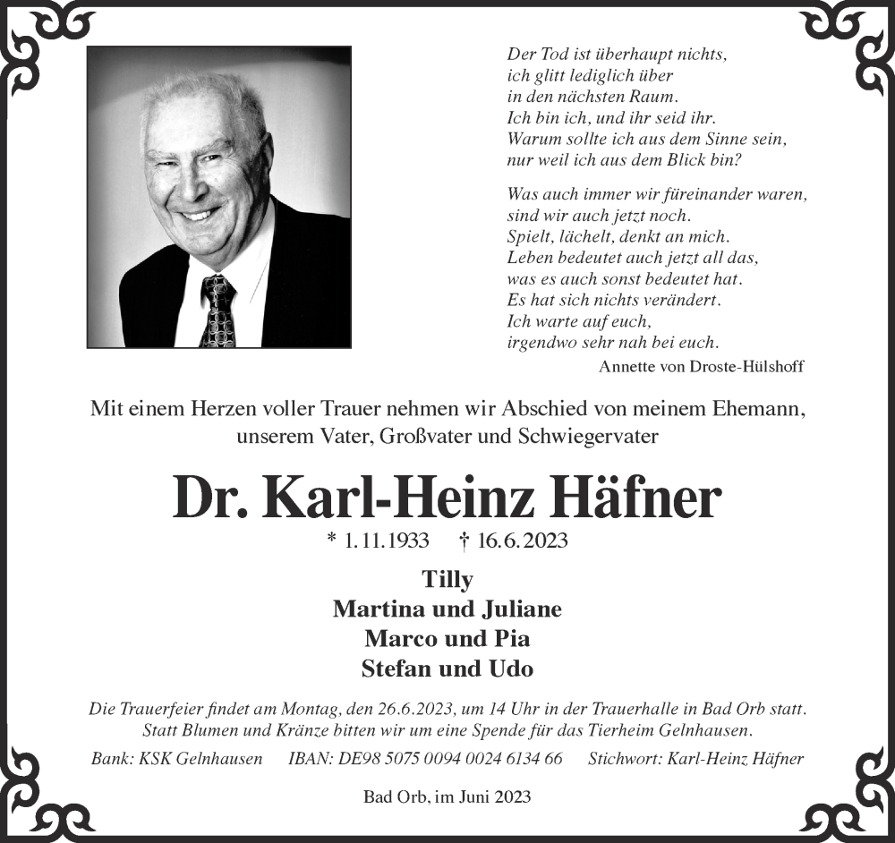  Traueranzeige für Karl-Heinz Häfner vom 24.06.2023 aus Mittelhessen-Bote