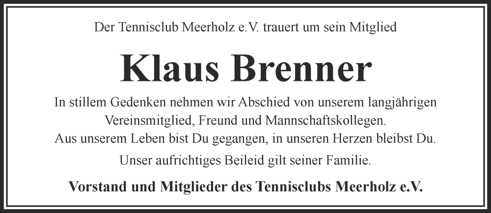  Traueranzeige für Klaus Brenner vom 01.07.2023 aus Mittelhessen-Bote