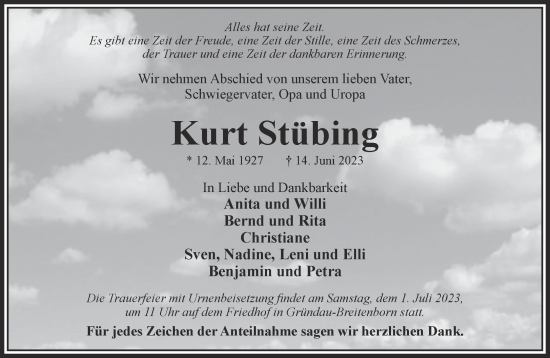 Traueranzeige von Kurt Stübing von Gelnhäuser Neue Zeitung