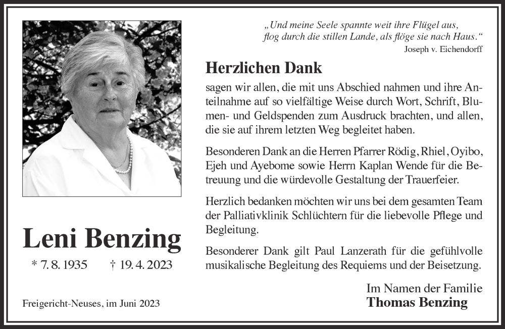  Traueranzeige für Leni Benzing vom 03.06.2023 aus Gelnhäuser Neue Zeitung