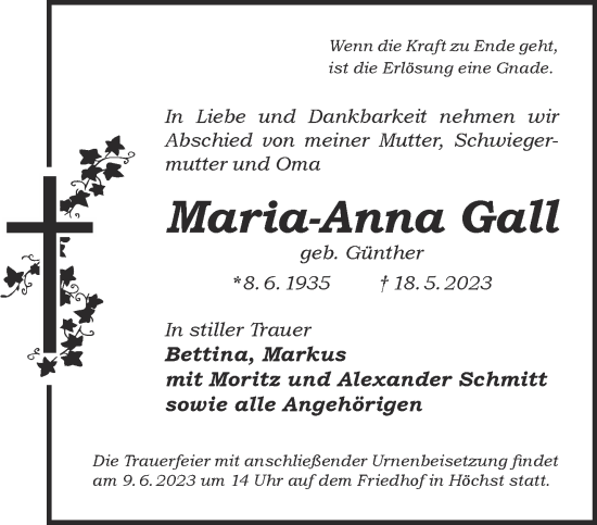 Traueranzeige von Maria-Anna Gall von Mittelhessen-Bote