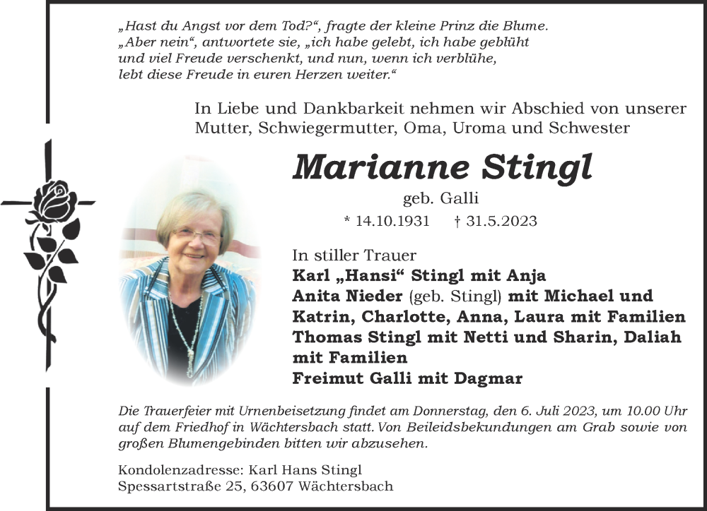  Traueranzeige für Marianne Stingl vom 24.06.2023 aus Gelnhäuser Neue Zeitung