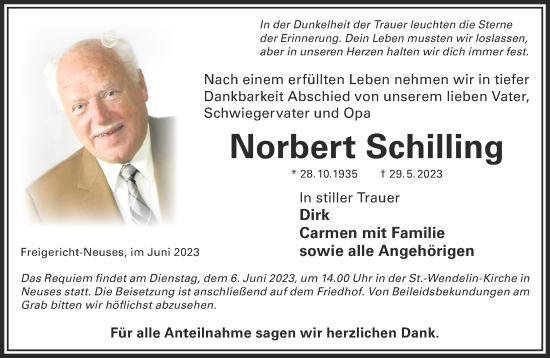 Traueranzeige von Norbert Schilling von Gelnhäuser Neue Zeitung