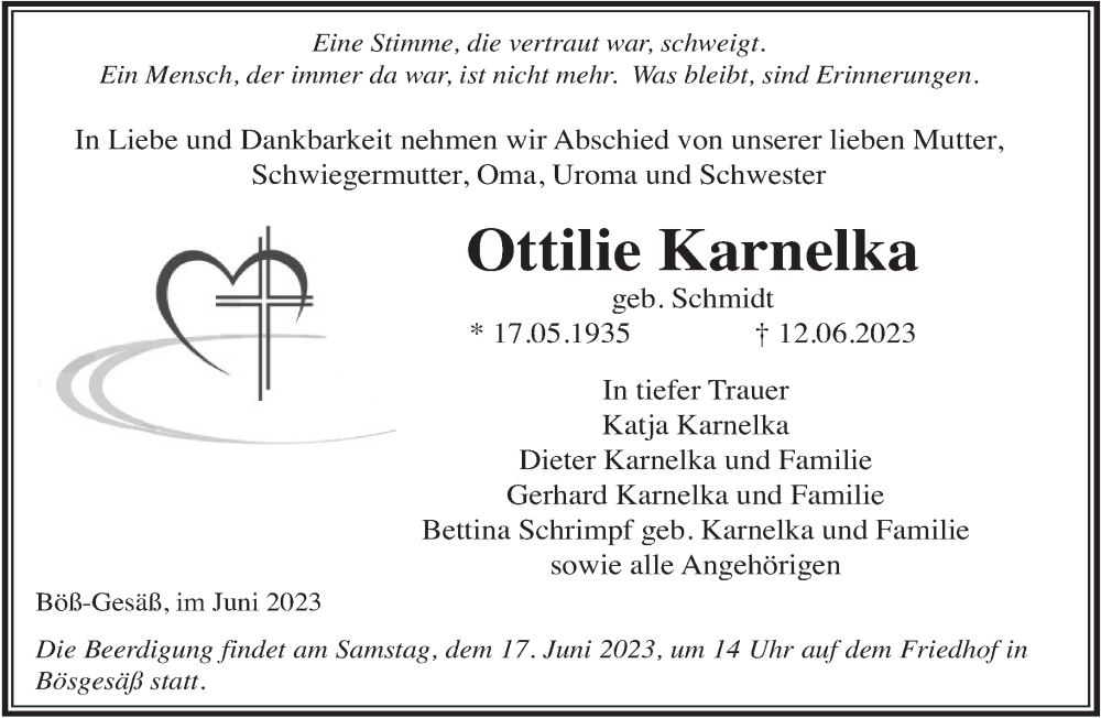  Traueranzeige für Ottilie Karnelka vom 17.06.2023 aus Mittelhessen-Bote