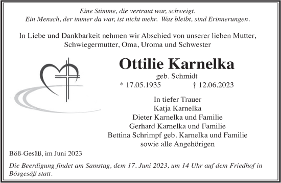 Traueranzeige von Ottilie Karnelka von Gelnhäuser Neue Zeitung