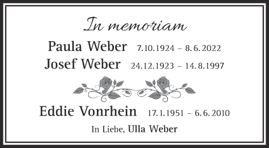 Traueranzeige von Paula und Josef Weber von Mittelhessen-Bote