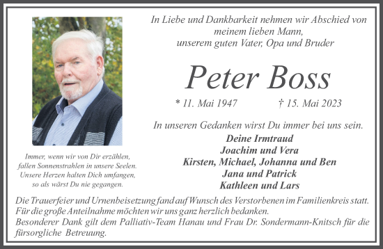 Traueranzeige von Peter Boss von Gelnhäuser Neue Zeitung