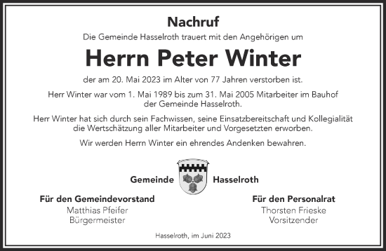 Traueranzeige von Peter Winter von Gelnhäuser Neue Zeitung
