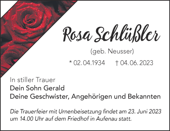 Traueranzeige von Rosa Schlüßler von Gelnhäuser Neue Zeitung