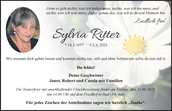 Traueranzeige von Sylvia Ritter von Gelnhäuser Neue Zeitung