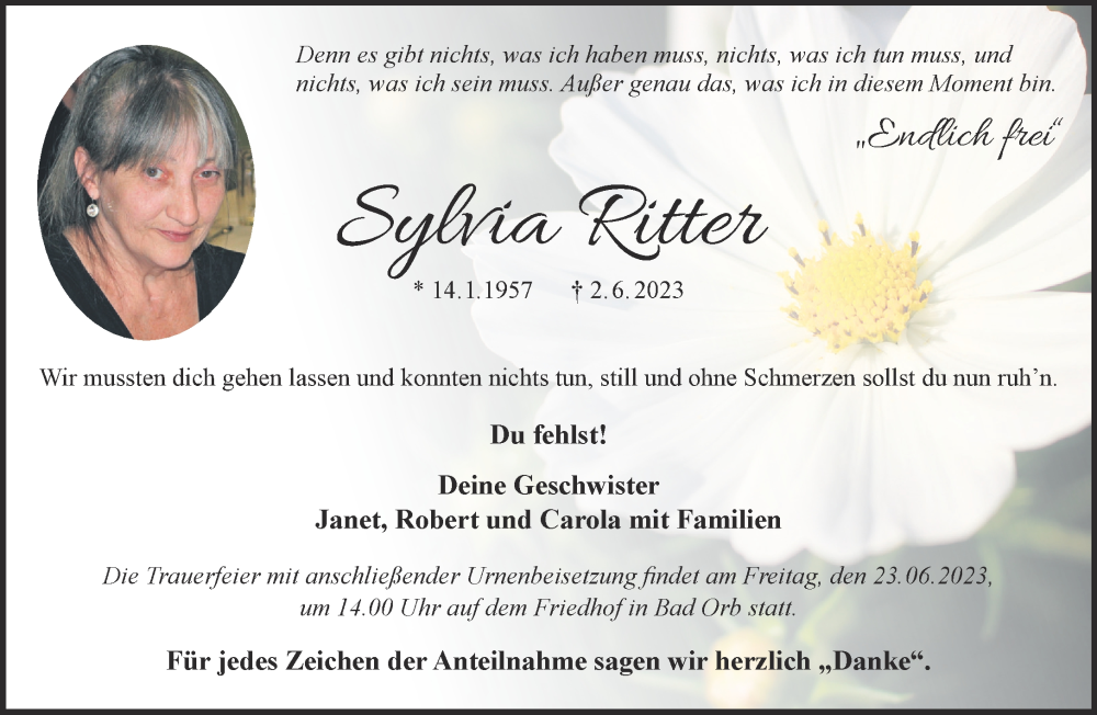  Traueranzeige für Sylvia Ritter vom 17.06.2023 aus Mittelhessen-Bote