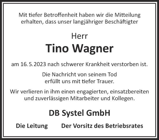 Traueranzeige von Tino Wagner von Gelnhäuser Neue Zeitung