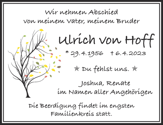 Traueranzeige von Ulrich von Hoff von Gelnhäuser Neue Zeitung