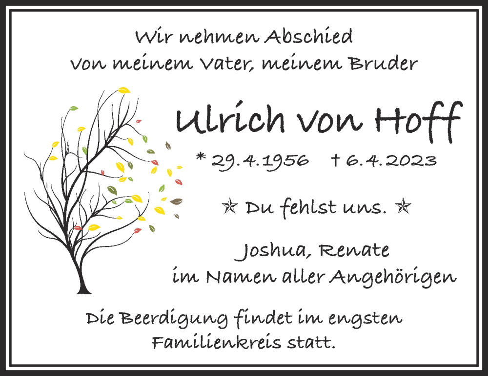  Traueranzeige für Ulrich von Hoff vom 10.06.2023 aus Mittelhessen-Bote