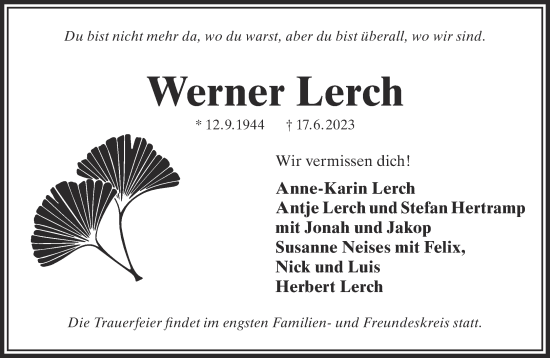 Traueranzeige von Werner Lerch von Gelnhäuser Neue Zeitung