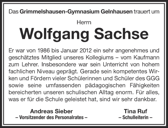 Traueranzeige von Wolfgang Sachse von Mittelhessen-Bote