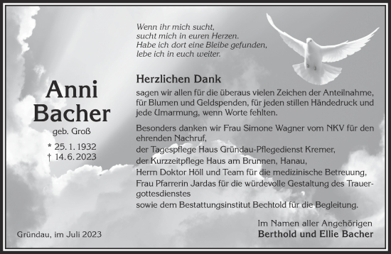 Traueranzeige von Anni Bacher von Mittelhessen-Bote