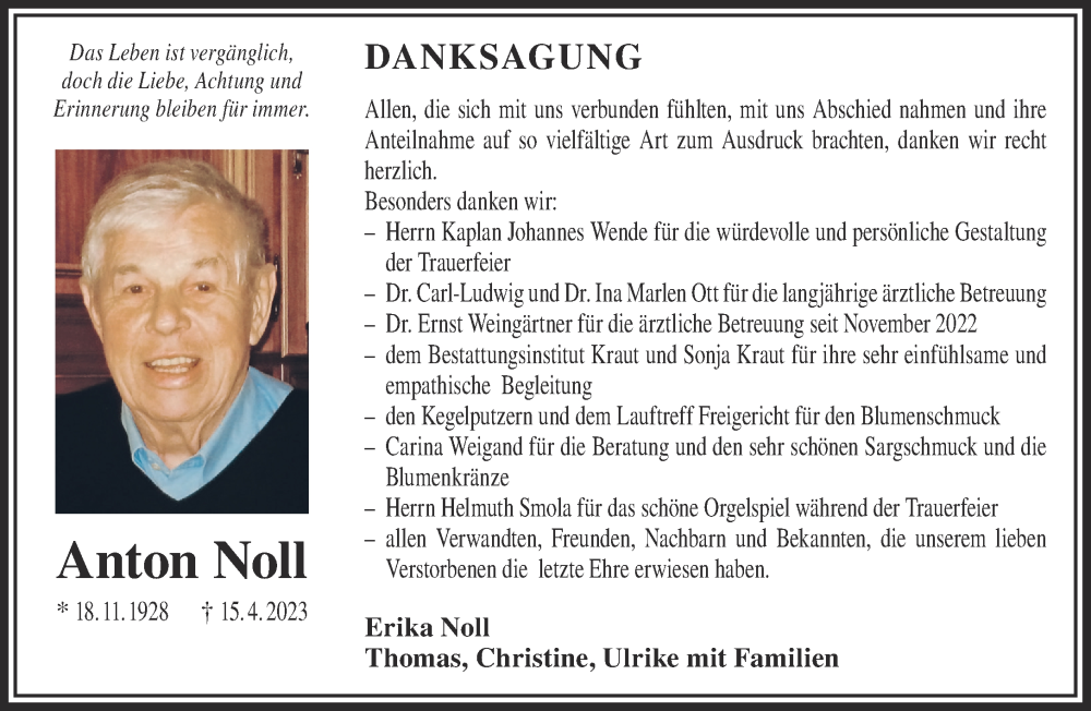  Traueranzeige für Anton Noll vom 24.07.2023 aus Gelnhäuser Neue Zeitung