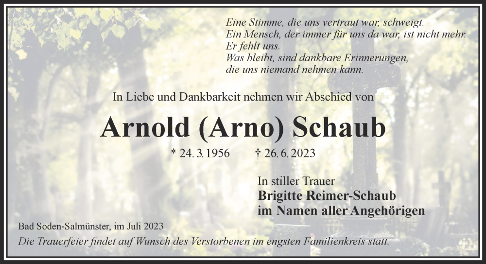  Traueranzeige für Arnold Schaub vom 08.07.2023 aus Gelnhäuser Neue Zeitung