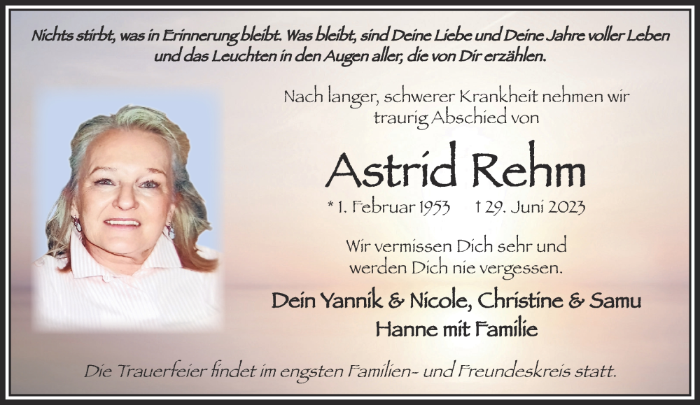  Traueranzeige für Astrid Rehm vom 08.07.2023 aus Gelnhäuser Neue Zeitung