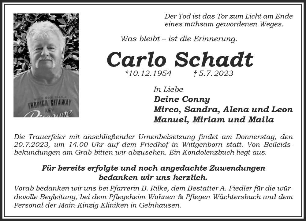  Traueranzeige für Carlo Schadt vom 15.07.2023 aus Mittelhessen-Bote