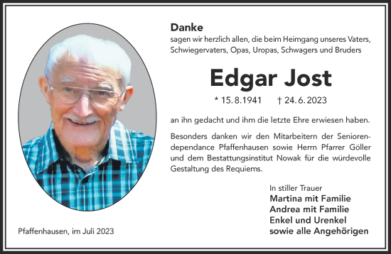 Traueranzeige von Edgar Jost von Gelnhäuser Neue Zeitung