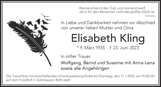 Traueranzeige von Elisabeth Kling von Gelnhäuser Neue Zeitung