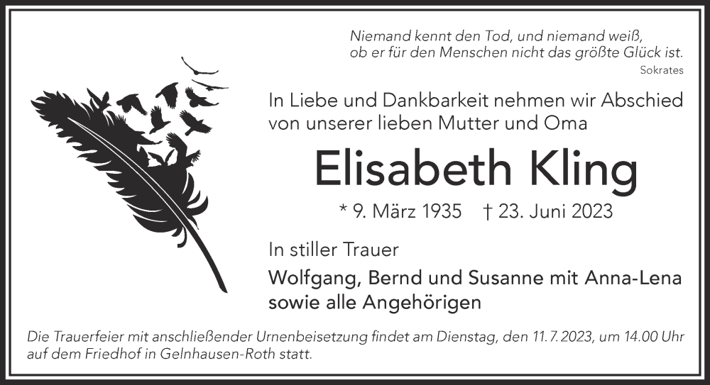  Traueranzeige für Elisabeth Kling vom 08.07.2023 aus Gelnhäuser Neue Zeitung