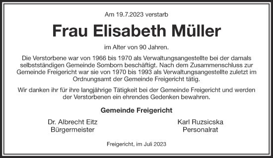 Traueranzeige von Elisabeth Müller von Gelnhäuser Neue Zeitung