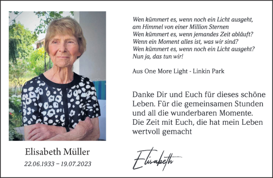Traueranzeige von Elisabeth Müller von Gelnhäuser Neue Zeitung
