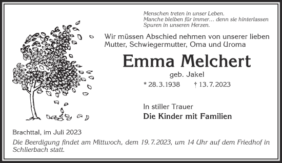 Traueranzeige von Emma Melchert von Gelnhäuser Neue Zeitung