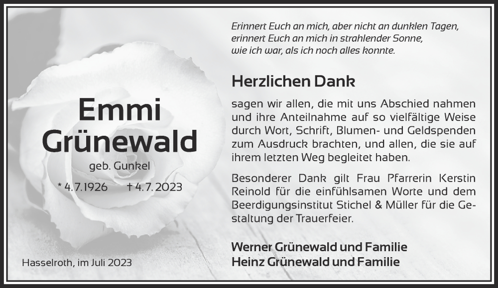  Traueranzeige für Emmi Grünewald vom 29.07.2023 aus Gelnhäuser Neue Zeitung