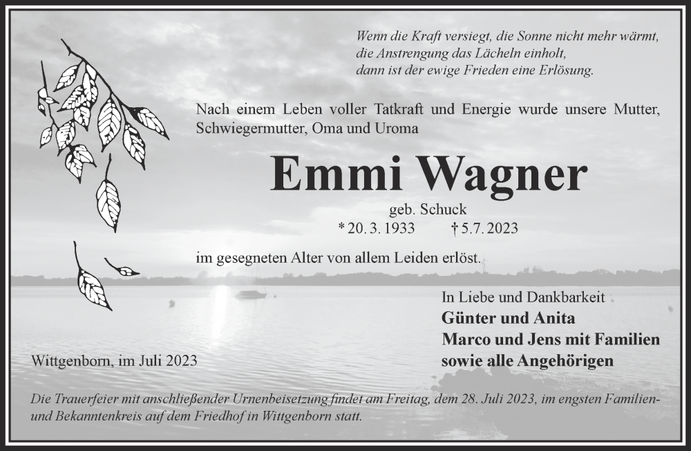  Traueranzeige für Emmi Wagner vom 15.07.2023 aus Gelnhäuser Neue Zeitung