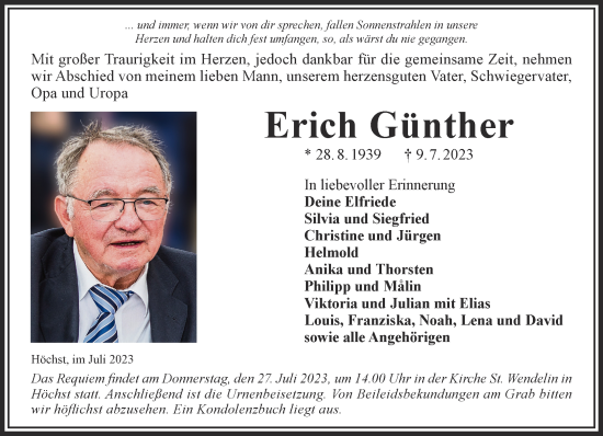 Traueranzeige von Erich Günther von Gelnhäuser Neue Zeitung