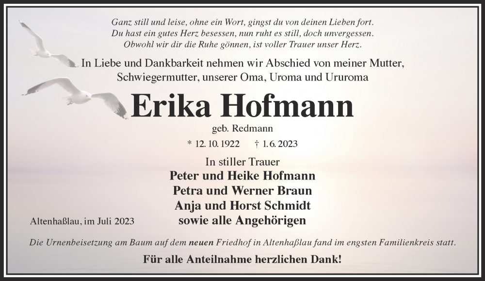  Traueranzeige für Erika Hofmann vom 08.07.2023 aus Mittelhessen-Bote