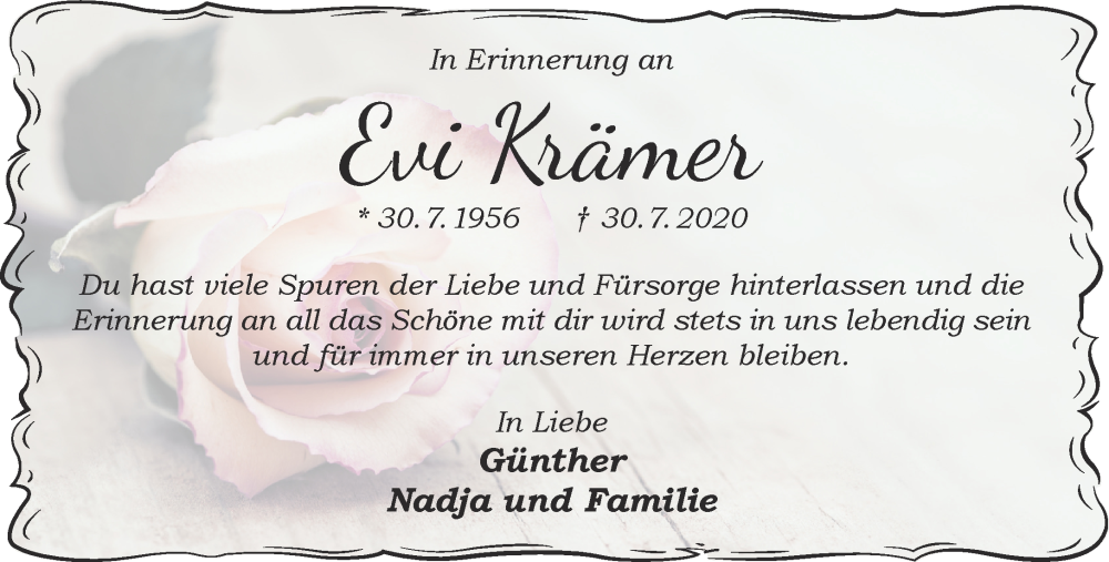  Traueranzeige für Evi Krämer vom 29.07.2023 aus Gelnhäuser Neue Zeitung
