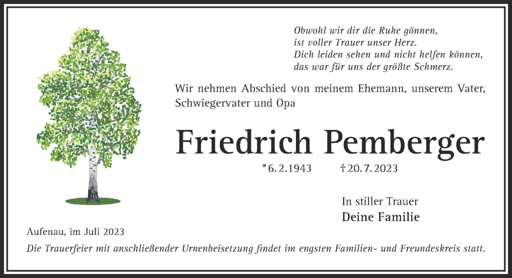  Traueranzeige für Friedrich Pemberger vom 29.07.2023 aus Mittelhessen-Bote
