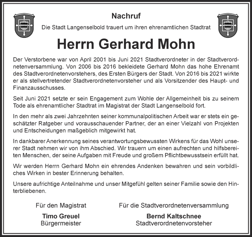  Traueranzeige für Gerhard Mohn vom 22.07.2023 aus Gelnhäuser Neue Zeitung