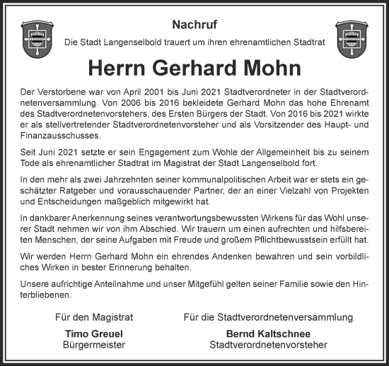 Traueranzeige von Gerhard Mohn von Mittelhessen-Bote