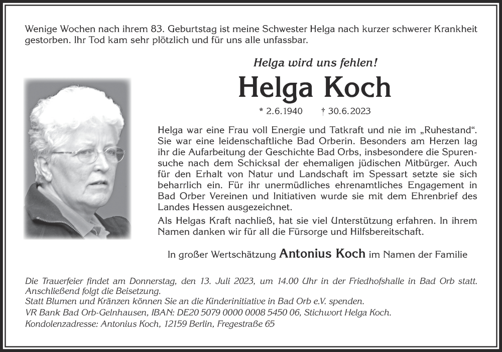  Traueranzeige für Helga Koch vom 08.07.2023 aus Gelnhäuser Neue Zeitung