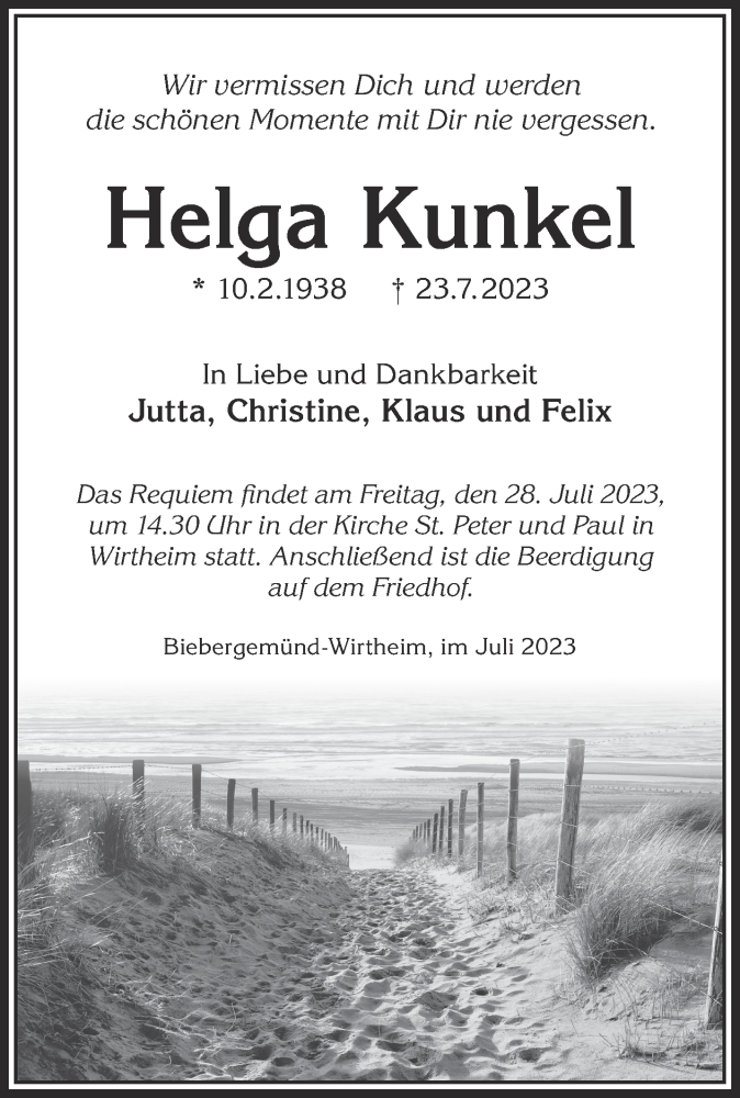  Traueranzeige für Helga Kunkel vom 26.07.2023 aus Gelnhäuser Neue Zeitung